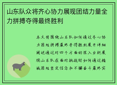 山东队众将齐心协力展现团结力量全力拼搏夺得最终胜利